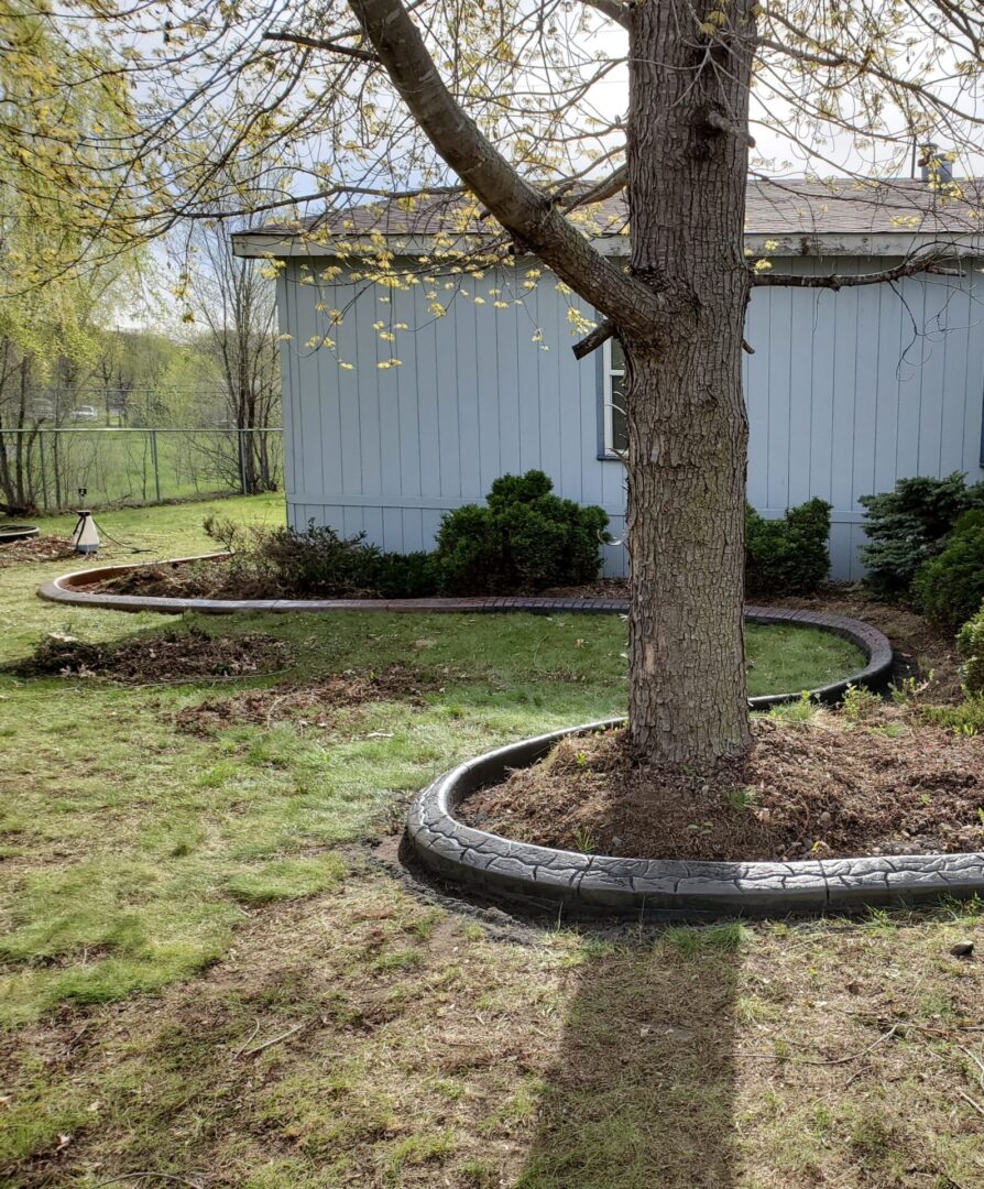a curb looping around a house and a tree